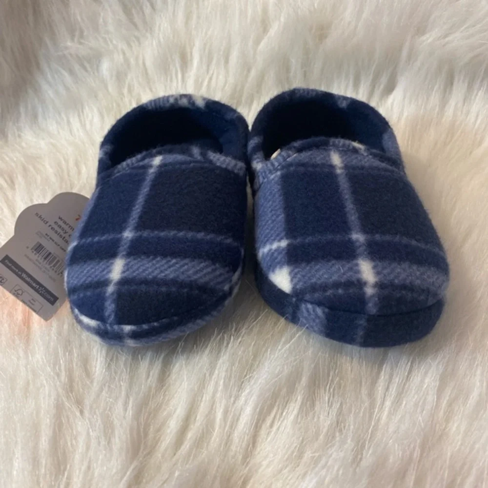 Wonder Nation Slippers Boys Size 7-8 Blue Plaid Slip‎ On Shoes NEW